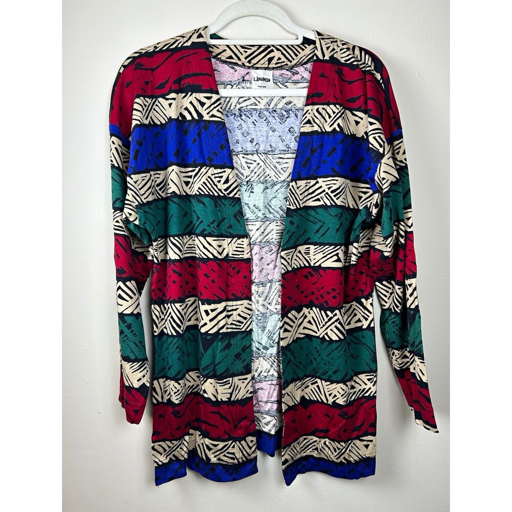 Vintage 90s Links One Size Multicolor Striped Open Front Knit V-Neck Cardigan